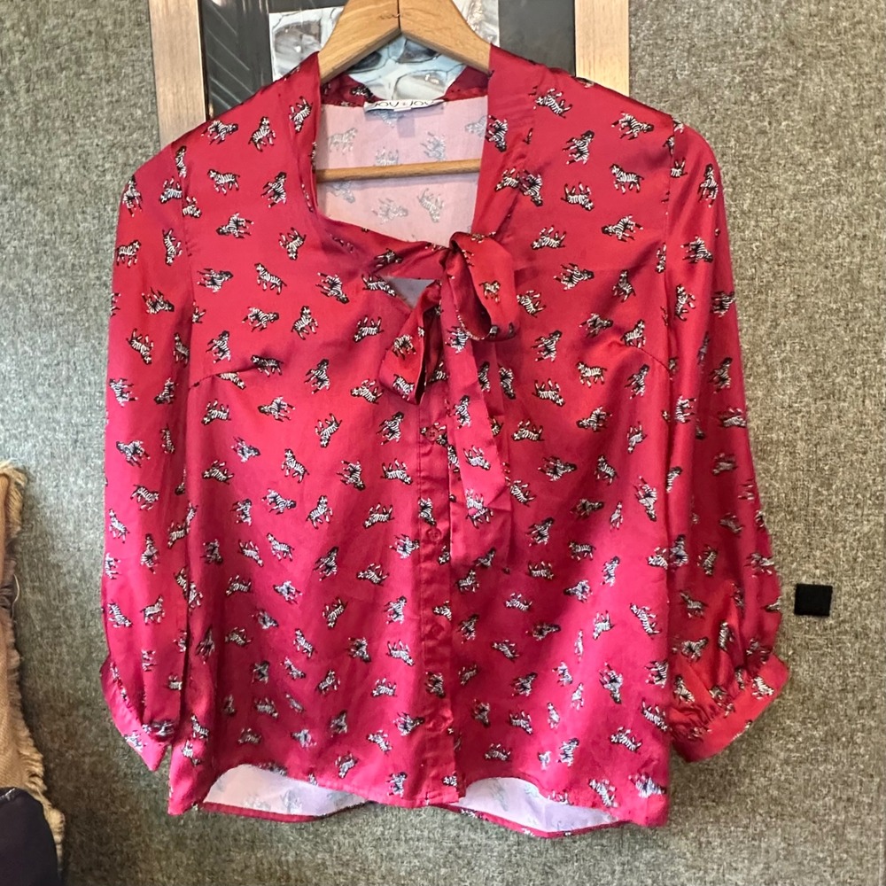 Joy Joy Red Zebra Print Tie Neck Satin Blouse Womens S 3/4 Sleeve Top Boho Chic